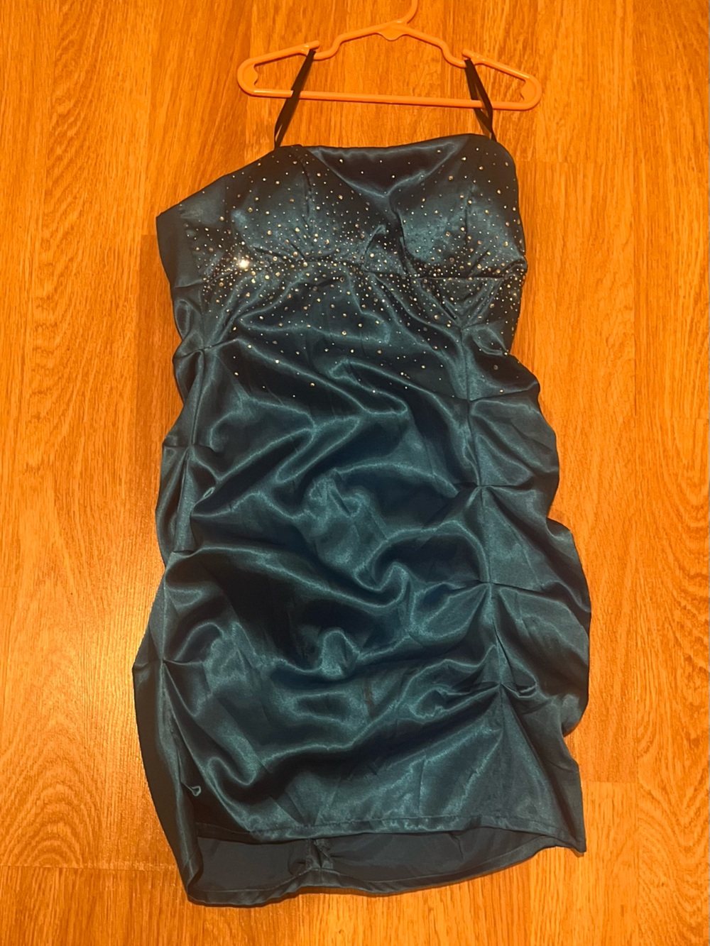 Y2k Blondie Nites Dark Blue Strapless Satin Dress with Rhinestone Bodice